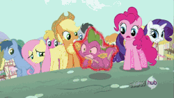 Size: 500x281 | Tagged: animated, applejack, blues, carrot top, cherry berry, derpibooru import, epic spike throwing, fluttershy, golden harvest, lucky clover, magic duel, noteworthy, pinkie pie, rarity, safe, screencap, spike