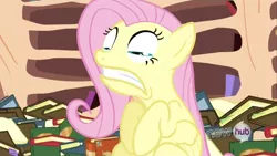 Size: 1279x720 | Tagged: safe, derpibooru import, screencap, fluttershy, pegasus, pony, magic duel, female, great moments in animation, hub logo, mare, smear frame