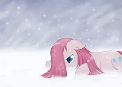 Size: 1120x800 | Tagged: safe, artist:muffinsforever, derpibooru import, pinkie pie, earth pony, pony, crying, lying down, pinkamena diane pie, prone, snow, snowfall, solo