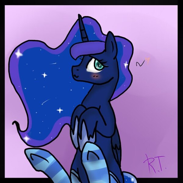 Size: 604x604 | Tagged: artist:sonatatravina, blushing, clothes, derpibooru import, princess luna, safe, socks, solo, striped socks, underhoof