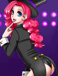 Size: 500x650 | Tagged: animated, artist:apzzang, ass, clothes, derpibooru import, frock coat, hat, human, humanized, magician outfit, pinkie pie, solo, suggestive, top hat, tuxedo