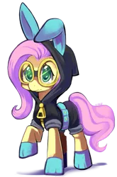 Size: 543x822 | Tagged: safe, artist:ende26, derpibooru import, fluttershy, pegasus, pony, bunny ears, clothes, costume, cute, dangerous mission outfit, female, goggles, hoodie, mare, raised hoof, signature, simple background, solo, transparent background, wavy mouth