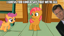 Size: 480x270 | Tagged: animated, babscoot, babs seed, butt bump, butt to butt, butt touch, caption, chris hansen, derpibooru import, edit, edited screencap, image macro, one bad apple, safe, scootaloo, screencap
