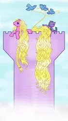 Size: 560x1001 | Tagged: safe, artist:kaikaku, derpibooru import, rapunzel (g1), spike, spike (g1), bird, dragon, earth pony, pony, baby, baby dragon, braid, female, g1, impossibly long hair, impossibly long tail, long hair, long mane, long tail, mare, rapunzel, tower