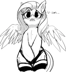 Size: 1000x1080 | Tagged: artist:mewball, blushing, clothes, covering, derpibooru import, embarrassed, female, fluttershy, monochrome, panties, socks, solo, solo female, striped socks, suggestive, underwear