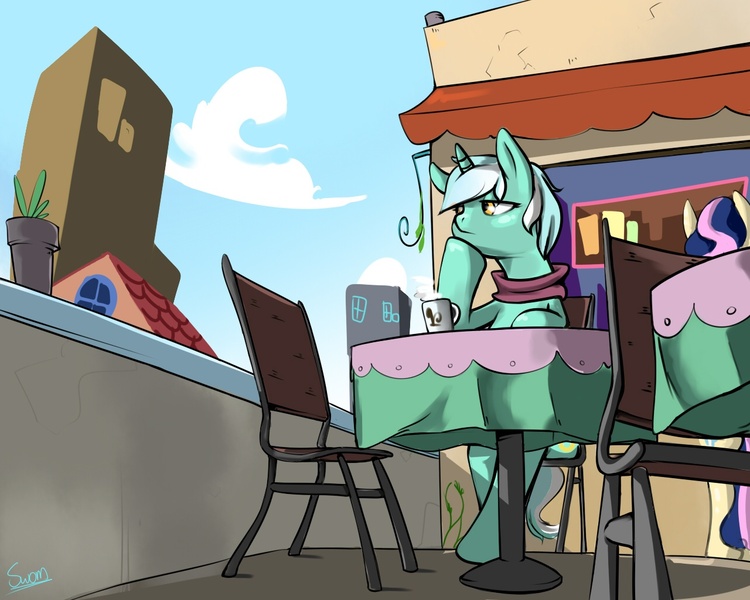 Size: 1280x1024 | Tagged: artist:swomswom, bon bon, cafe, chair, city, derpibooru import, duo, lyra heartstrings, rooftop, safe, scenery, sitting, solo focus, sweetie drops, table