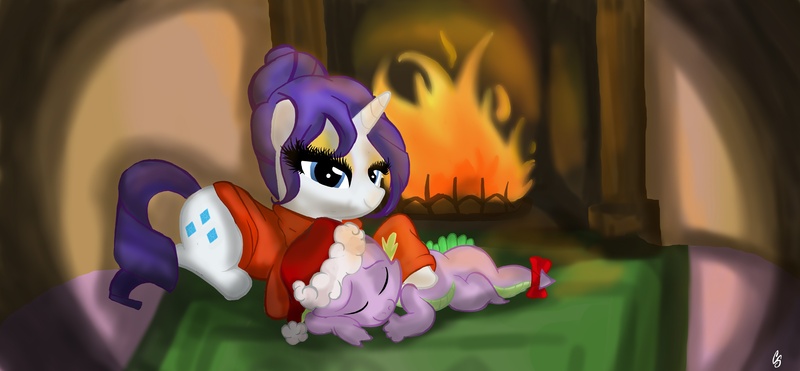 Size: 4312x2000 | Tagged: safe, artist:chelseasnow, derpibooru import, rarity, spike, alternate hairstyle, clawsucking, clothes, female, fireplace, hat, interspecies, male, ribbon, santa hat, shipping, sleeping, sparity, straight, sweater