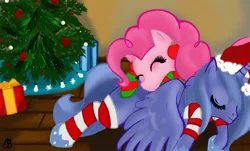 Size: 1000x604 | Tagged: safe, artist:chelseasnow, derpibooru import, pinkie pie, princess luna, christmas, christmas tree, clothes, duo, eyes closed, hat, present, santa hat, socks, tree