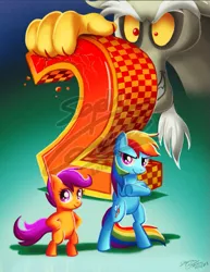 Size: 561x727 | Tagged: safe, artist:sewyouplushiethings, derpibooru import, discord, rainbow dash, scootaloo, pony, bipedal, box art, crossed hooves, crossover, glare, grin, image, looking at you, miles "tails" prower, parody, png, smiling, sonic 2, sonic the hedgehog, sonic the hedgehog (series), sonic the hedgehog 2, video game