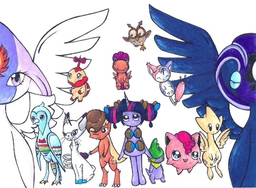 Size: 500x368 | Tagged: apple bloom, applejack, artist:fireflyeievui, axew, azelf, bagon, crandidos, derpibooru import, female, fluttershy, glameow, gothorita, hoothoot, jigglypuff, pinkie pie, pokefied, pokémon, princess celestia, princess luna, rainbow dash, rampardos, rarity, safe, scootaloo, simple background, skitty, species swap, sweetie belle, togetic, tranquill, turtwig, twilight sparkle, uxie, white background