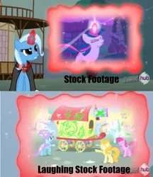 Size: 500x579 | Tagged: berry punch, berryshine, boast busters, carrot top, derpibooru import, edit, edited screencap, golden harvest, hub logo, magic duel, pun, safe, screencap, shoeshine, trixie, twilight sparkle