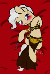Size: 1000x1477 | Tagged: adorasexy, artist:rainbowdrool, bedroom eyes, bikini, blushing, chains, clothes, cute, derpibooru import, loincloth, looking at you, mayor mare, on back, sexy, slave, slave leia outfit, slave outfit, smiling, star wars, suggestive, swimsuit