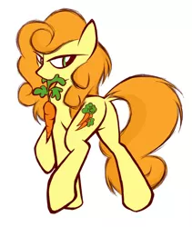 Size: 744x883 | Tagged: safe, artist:kejifox, derpibooru import, carrot top, golden harvest, earth pony, pony, bedroom eyes, carrot, dock, female, goldenbutt, looking back, mare, mouth hold, plot, raised hoof, raised leg, solo