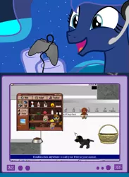 Size: 563x769 | Tagged: safe, derpibooru import, princess luna, alicorn, dog, pony, gamer luna, ball, basket, bone, bottle, box, catz, clothes, controller, dexterous hooves, disembodied hand, dog biscuit, dog food, dogz, exploitable meme, female, fence, frisbee, gamer meme, globe, hand, happy, headset, mare, meme, music box, obligatory pony, open mouth, paint can, pc game, pet food, pet food bowl, petz, petz 2, pf magic, present, ribbon, smiling, socks, solo, spray bottle, television, tv meme, twig, windows 98, windows explorer