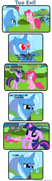 Size: 720x2500 | Tagged: alicorn amulet, artist:navitaserussirus, asphyxiation, comic, dead source, derpibooru import, evil, magic duel, murder, no mouth, no nose, pinkie pie, rainbow dash, reality ensues, scene parody, semi-grimdark, trixie, twilight sparkle