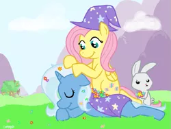 Size: 585x440 | Tagged: angel bunny, artist:coggler, derpibooru import, female, flower, fluttershy, happy, lesbian, safe, shipping, smiling, trixie, trixieshy