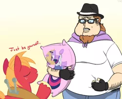 Size: 1600x1300 | Tagged: safe, artist:tex, derpibooru import, big macintosh, twilight sparkle, earth pony, human, pony, brony, brony stereotype, fat, glasses, male, pillow, stallion, tara strong