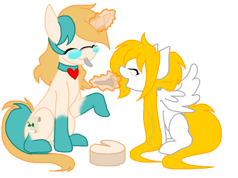 Size: 800x600 | Tagged: safe, artist:thamutt, derpibooru import, oc, oc:frolic, oc:sunset rose, unofficial characters only, cake, cute, freckles, magic