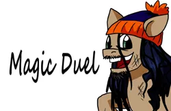 Size: 487x317 | Tagged: safe, derpibooru import, ponified, pony, magic duel, bum review, chester a. bum, hat, solo, story included, text