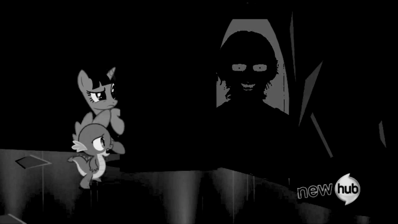 Size: 854x480 | Tagged: derpibooru import, exploitable meme, glasses, grin, meme, monochrome, proxy, semi-grimdark, spike, the observer, the scary door, tribetwelve, twilight sparkle