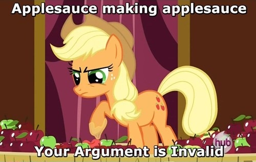 Size: 500x317 | Tagged: safe, derpibooru import, edit, edited screencap, screencap, applejack, earth pony, pony, magic duel, apple, applesauce, female, food, hub logo, image macro, mare, solo