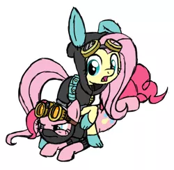 Size: 1024x1003 | Tagged: safe, artist:ogihb, derpibooru import, fluttershy, pinkie pie, earth pony, pegasus, pony, bunny ears, clothes, dangerous mission outfit, duo, female, flutterspy, goggles, hoodie, mare, night vision goggles, open mouth, shirt, simple background, white background