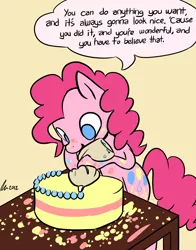 Size: 1100x1400 | Tagged: safe, artist:rwl, derpibooru import, pinkie pie, earth pony, pony, advice, baking, bob ross, cake, caption, cooking, cute, dialogue, diapinkes, female, food, frosting, heartwarming, inspiration, inspirational, mare, motivational, positive ponies, quote, simple background, solo, speech bubble, steve ross, sweet dreams fuel, thought bubble, wholesome, yellow background