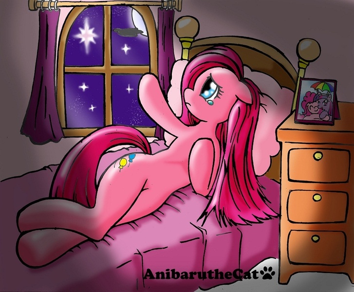 Size: 900x743 | Tagged: safe, artist:anibaruthecat, derpibooru import, pinkie pie, twilight sparkle, bed, bedroom, crying, female, lesbian, pinkamena diane pie, sad, shipping, solo, twinkie