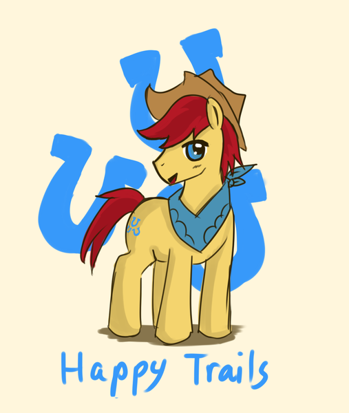 Size: 878x1040 | Tagged: safe, artist:tomato-al, derpibooru import, happy trails, earth pony, pony, apple family member, background pony, bandana, cowboy hat, cutie mark background, hat, male, simple background, solo, stallion