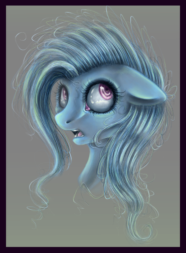 Size: 371x503 | Tagged: safe, artist:enigmaticalme, derpibooru import, trixie, earth pony, pony, bust, female, floppy ears, frown, gray background, looking up, mare, messy mane, missing horn, open mouth, race swap, simple background, solo, wide eyes