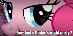 Size: 800x397 | Tagged: suggestive, derpibooru import, edit, screencap, pinkie pie, earth pony, pony, bedroom eyes, bronybait, crazy face, faic, female, floppy ears, fourth wall, grin, insanity face, mare, meme, party, pinkamena diane pie, smiling, solo, text