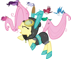 Size: 6001x4971 | Tagged: safe, artist:freak0uo, derpibooru import, fluttershy, bird, pegasus, pony, magic duel, absurd resolution, bunny ears, clothes, costume, dangerous mission outfit, eyes closed, female, goggles, hoodie, mare, open mouth, simple background, solo, transparent background