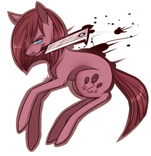 Size: 1280x1328 | Tagged: semi-grimdark, artist:misspinkamena, derpibooru import, pinkie pie, earth pony, pony, blood, female, higurashi no naku koro ni, mare, miss pinkamena, mouth hold, pinkamena diane pie, solo, weapon