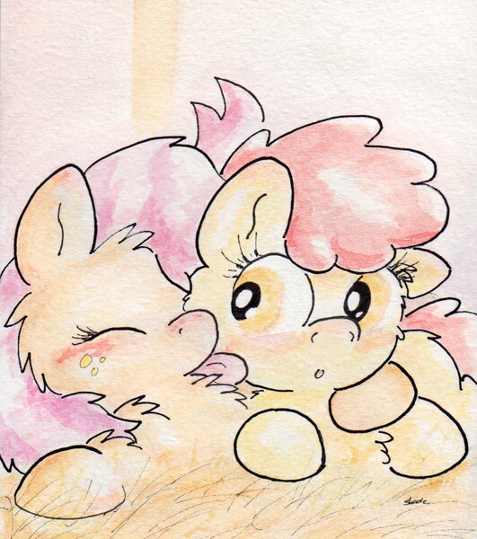 Size: 741x838 | Tagged: apple bloom, appleseed, artist:slightlyshade, babs seed, blushing, derpibooru import, female, incest, lesbian, licking, safe, shipping, traditional art