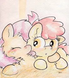 Size: 741x838 | Tagged: apple bloom, appleseed, artist:slightlyshade, babs seed, blushing, derpibooru import, female, incest, lesbian, licking, safe, shipping, traditional art