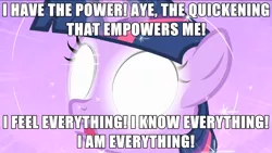 Size: 1440x810 | Tagged: bust, derpibooru import, edit, edited screencap, female, filly, filly twilight sparkle, glowing eyes, highlander, image macro, safe, screencap, solo, the cutie mark chronicles, twilight sparkle, younger