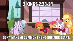 Size: 736x414 | Tagged: apple bloom, bible, cutie mark crusaders, derpibooru import, image macro, religion, safe, scootaloo, sweetie belle