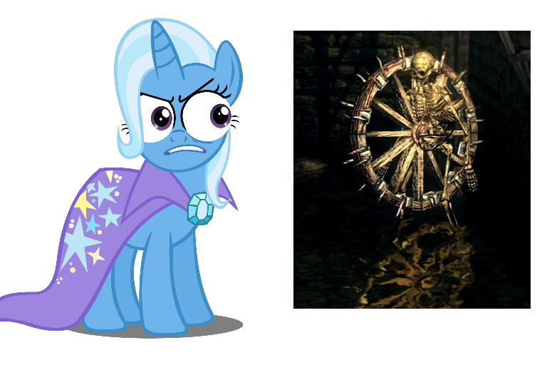 Size: 768x512 | Tagged: safe, derpibooru import, trixie, pony, unicorn, angry, bone, dark souls, disgusted, female, glare, gritted teeth, looking at something, mare, simple background, skeleton, special eyes, unamused, wheel, wheel skeleton, white background