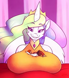 Size: 1307x1472 | Tagged: suggestive, artist:sheela, derpibooru import, princess celestia, oc, oc:butternut, anthro, anthro oc, bedroom eyes, big breasts, breasts, busty princess celestia, canon x oc, female, giant anthro, giantess, giantlestia, huge breasts, macro, micro, pie