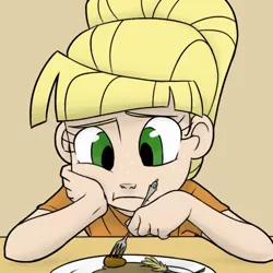 Size: 600x600 | Tagged: applejack, artist:thelivingmachine02, colored, derpibooru import, food, fork, humanized, manehatten applejack, safe, the cutie mark chronicles