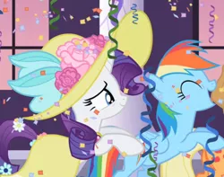 Size: 500x393 | Tagged: applejack, balloon, butt touch, confetti, conga, derpibooru import, hoof on butt, rainbow dash, rarity, safe, screencap, sweet and elite