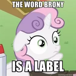 Size: 400x400 | Tagged: brony, check your privilege, cropped, derpibooru import, edit, edited screencap, floppy ears, hoof on chin, image macro, label, meme, ponyville confidential, safe, screencap, solo, sudden clarity sweetie belle, sweetie belle