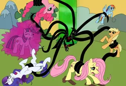 Size: 2760x1888 | Tagged: safe, artist:i3b4eva, derpibooru import, applejack, fluttershy, pinkie pie, rainbow dash, rarity, twilight sparkle, demon, earth pony, pegasus, pony, unicorn, crossover, crying, equestria is doomed, eyes closed, female, flying, force field, glare, gritted teeth, magic, mane six, mare, nergal, on back, open mouth, rearing, screaming, smiling, spread wings, tentacles, the grim adventures of billy and mandy, upside down, wide eyes, wink