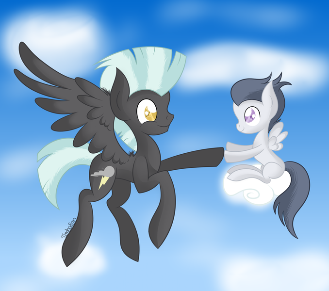 Size: 1540x1362 | Tagged: safe, artist:simbafan09, derpibooru import, rumble, thunderlane, backwards cutie mark, brothers, cloud, cloudy, cute, flying, hoofbump, sitting