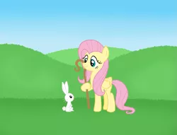 Size: 915x699 | Tagged: safe, artist:fluttershyfree, derpibooru import, angel bunny, fluttershy, pegasus, pony, rabbit, animal, duo, female, male, mare, shepherd's crook