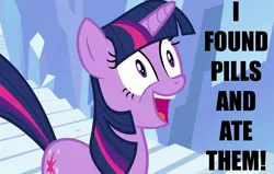 Size: 1100x700 | Tagged: caption, derpibooru import, edit, edited screencap, i found pills, i found pills and ate them, image macro, safe, screencap, solo, stairs, the crystal empire, twilight sparkle