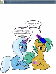 Size: 600x800 | Tagged: artist:dekomaru, ask, brushing, derpibooru import, duo, female, filly, glitter shell, hairbrush, lgbt, mare, pride, safe, simple background, snails, transgender, trans girl, trans trixie, trixie, tumblr, tumblr:ask twixie, white background