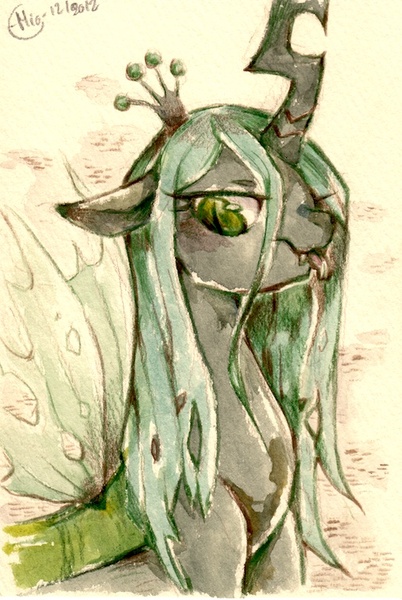 Size: 507x756 | Tagged: safe, artist:mi-eau, derpibooru import, queen chrysalis, changeling, changeling queen, female, quadrupedal, sketch, solo, tongue out, traditional art