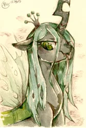 Size: 507x756 | Tagged: safe, artist:mi-eau, derpibooru import, queen chrysalis, changeling, changeling queen, female, quadrupedal, sketch, solo, tongue out, traditional art