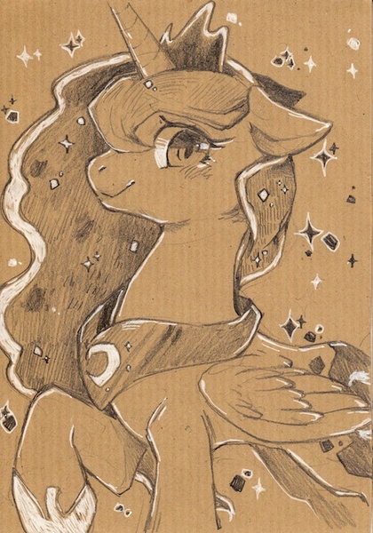 Size: 528x754 | Tagged: safe, artist:mi-eau, derpibooru import, princess luna, raised hoof, solo, traditional art